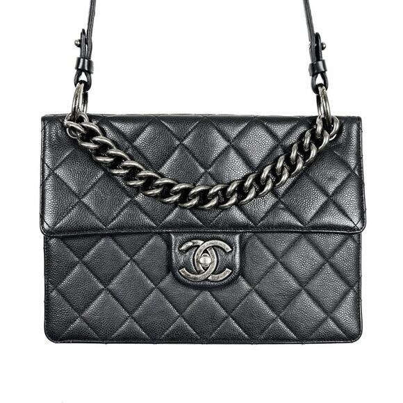 Chanel Large Retro Classic Flap Bag Black Quilted Caviar Leather Silver HW - Picture 1 of 11